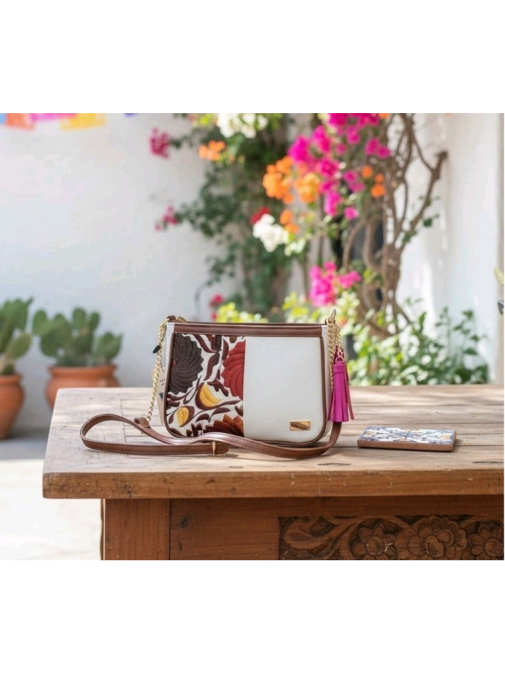 Off White Fushia Mexican Floral Embroided Artisan LEATHER Bag Purse Crossbody